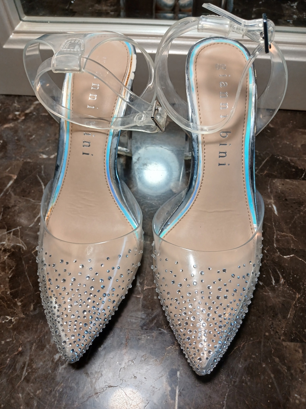 Gianni Bini Nude Pointed Heels with Clear Straps and Rhinestones